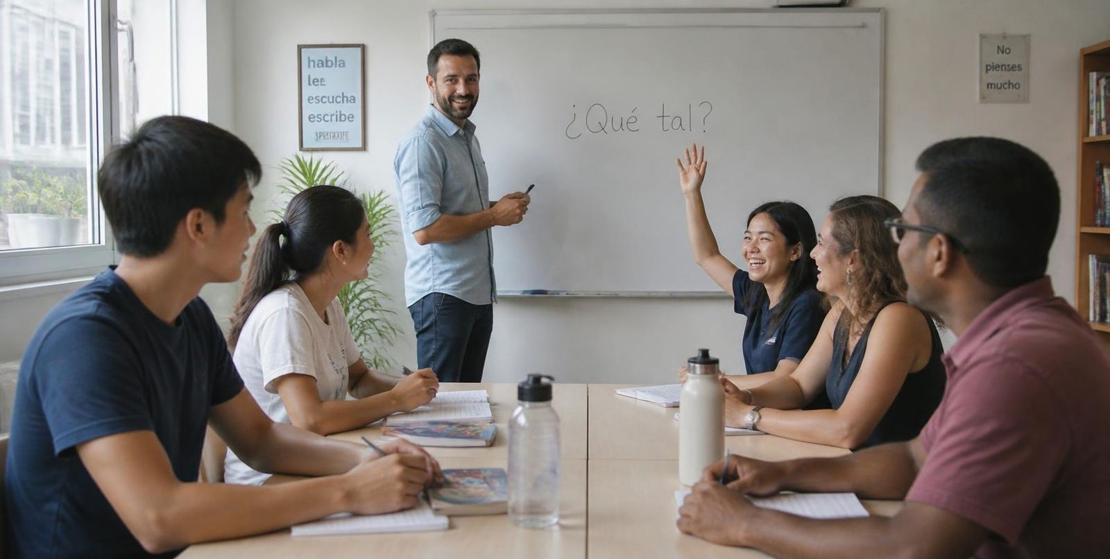 A small group Spanish class with a native teacher at the whiteboard